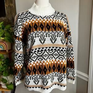 Vintage 90s Green Tan and White Geometric Aztec Mock Neck Sweater Size Large